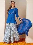 Janasya Women's Blue Pure Cotton Yoke Design Straight Kurti With Printed Sharara & Dupatta Set