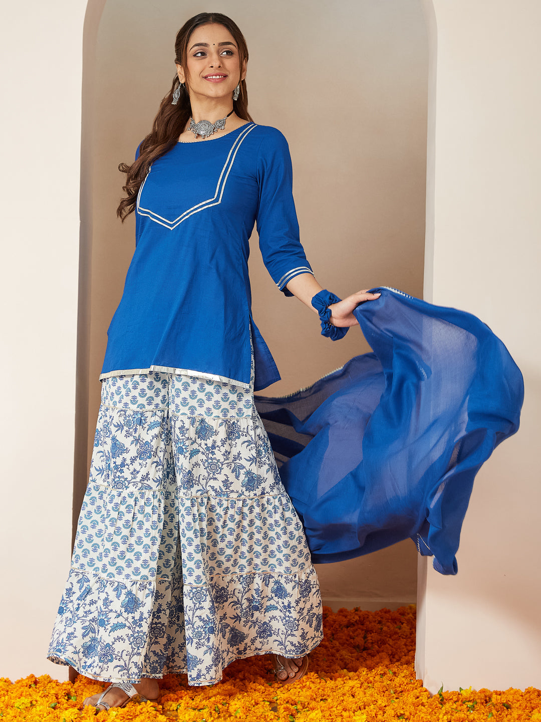 Janasya Women's Blue Pure Cotton Yoke Design Straight Kurti With Printed Sharara & Dupatta Set