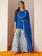 Janasya Women's Blue Pure Cotton Yoke Design Straight Kurti With Printed Sharara & Dupatta Set
