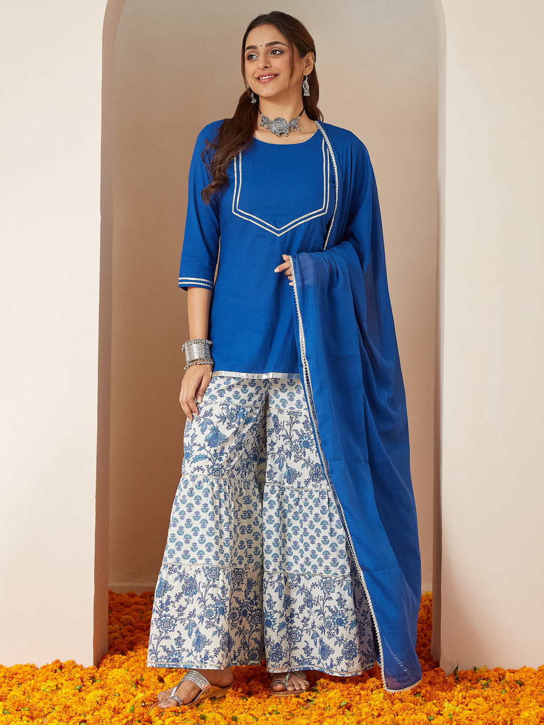 Janasya Women's Blue Pure Cotton Yoke Design Straight Kurti With Printed Sharara & Dupatta Set