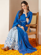 Janasya Women's Blue Pure Cotton Yoke Design Straight Kurti With Printed Sharara & Dupatta Set