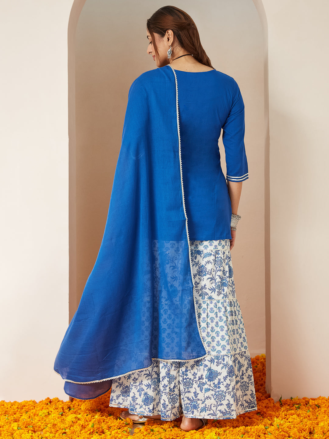 Janasya Women's Blue Pure Cotton Yoke Design Straight Kurti With Printed Sharara & Dupatta Set