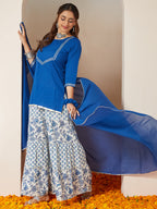 Janasya Women's Blue Pure Cotton Yoke Design Straight Kurti With Printed Sharara & Dupatta Set