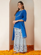 Janasya Women's Blue Pure Cotton Yoke Design Straight Kurti With Printed Sharara & Dupatta Set