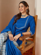 Janasya Women's Blue Pure Cotton Yoke Design Straight Kurti With Printed Sharara & Dupatta Set