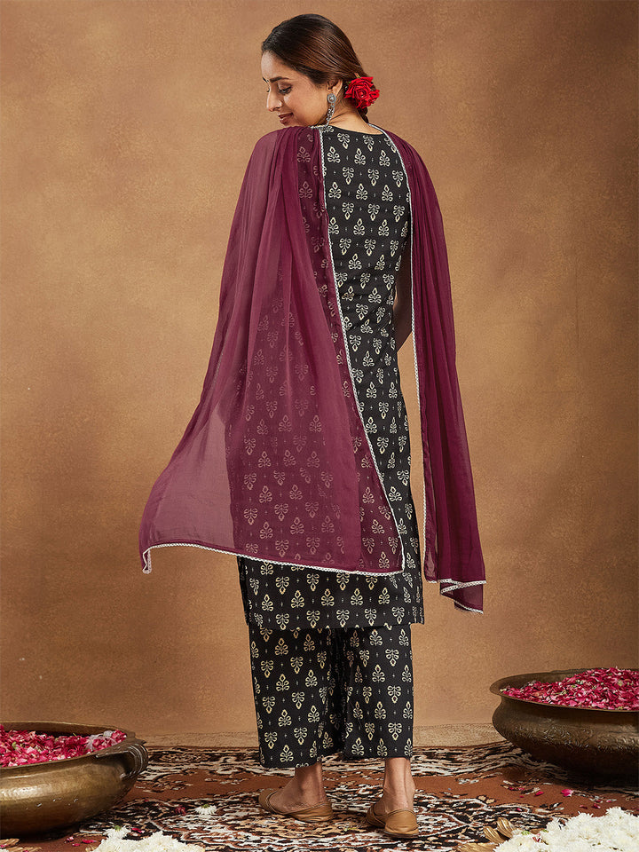 Janasya Women's Black Cotton Ethnic Motifs Printed Straight Kurta Set - qivii