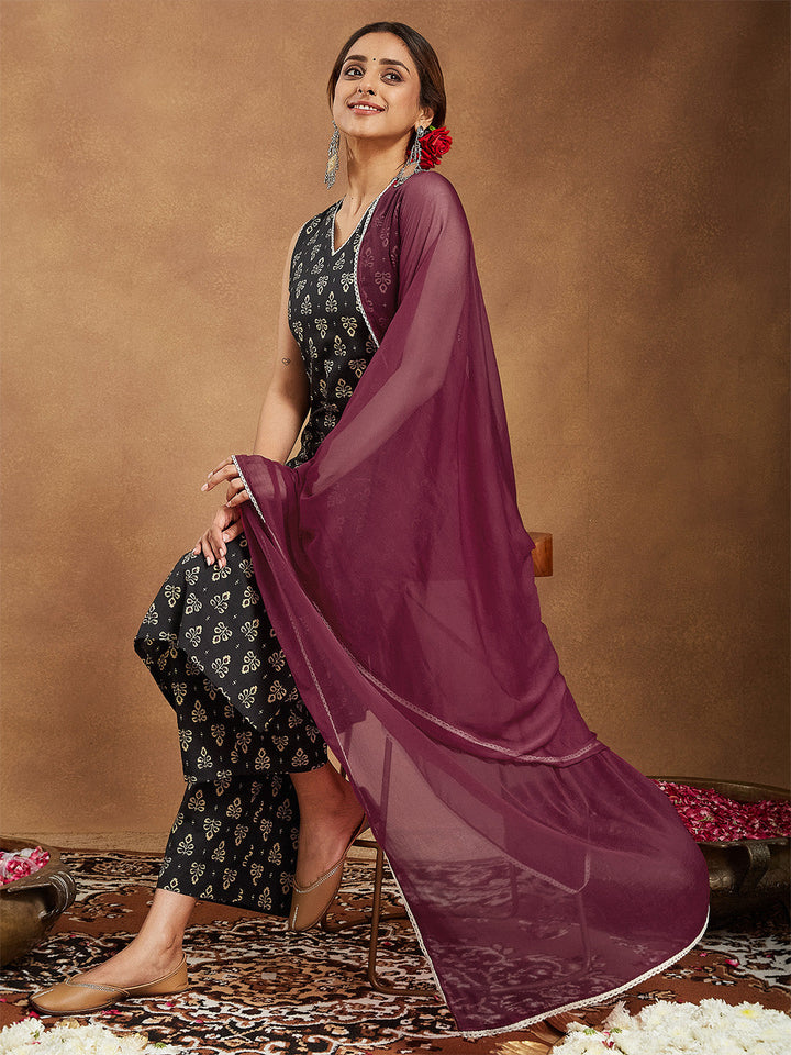 Janasya Women's Black Cotton Ethnic Motifs Printed Straight Kurta Set - qivii