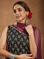 Janasya Women's Black Cotton Ethnic Motifs Printed Straight Kurta Set