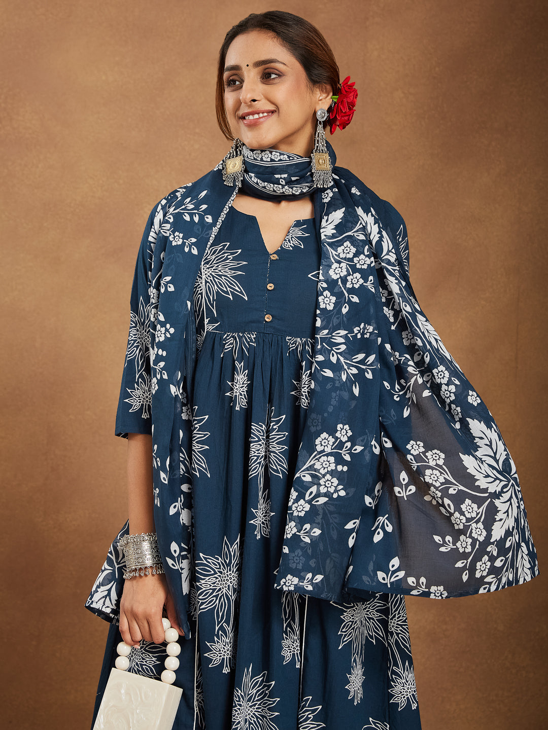 Janasya Women's Teal Blue Pure Cotton Floral Printed A-line Kurta Set