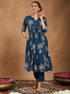 Janasya Women's Teal Blue Pure Cotton Floral Printed A-line Kurta Set