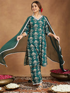 Janasya Women's Green Pure Cotton Paisley Printed Straight Kurta With Palazzo Set