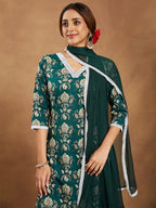 Janasya Women's Green Pure Cotton Paisley Printed Straight Kurta With Palazzo Set