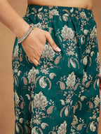 Janasya Women's Green Pure Cotton Paisley Printed Straight Kurta With Palazzo Set