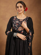 Janasya Women's Black Pure Cotton Floral Printed A-line Kurta With Palazzo & Dupatta Set