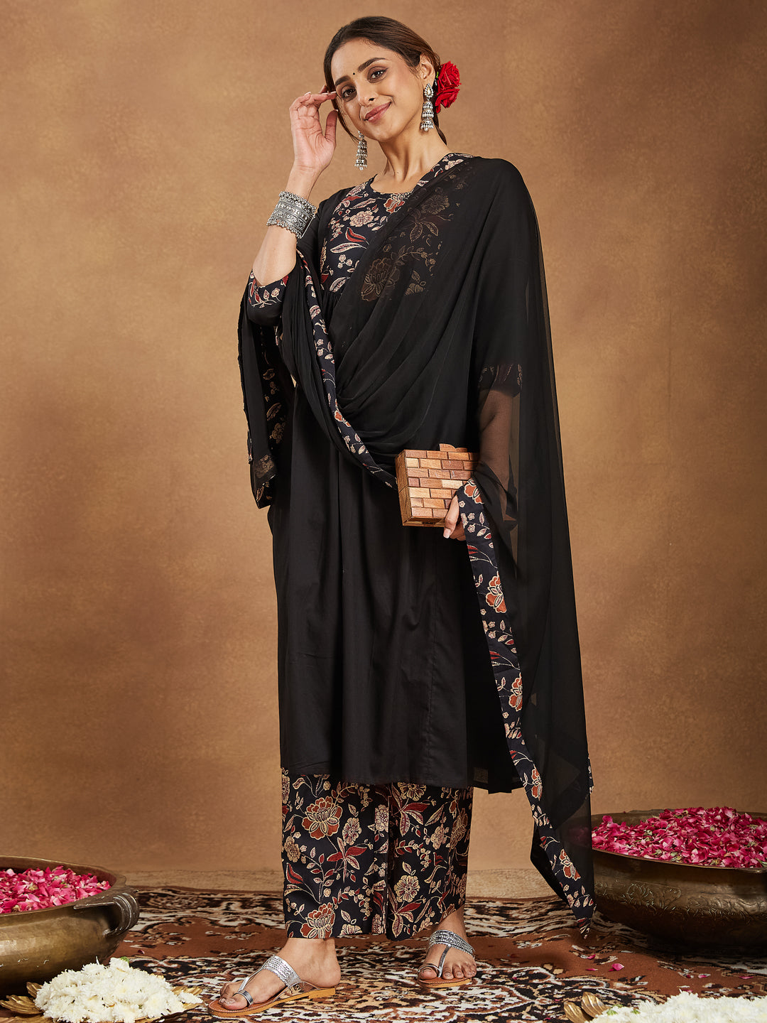 Janasya Women's Black Pure Cotton Floral Printed A-line Kurta With Palazzo & Dupatta Set
