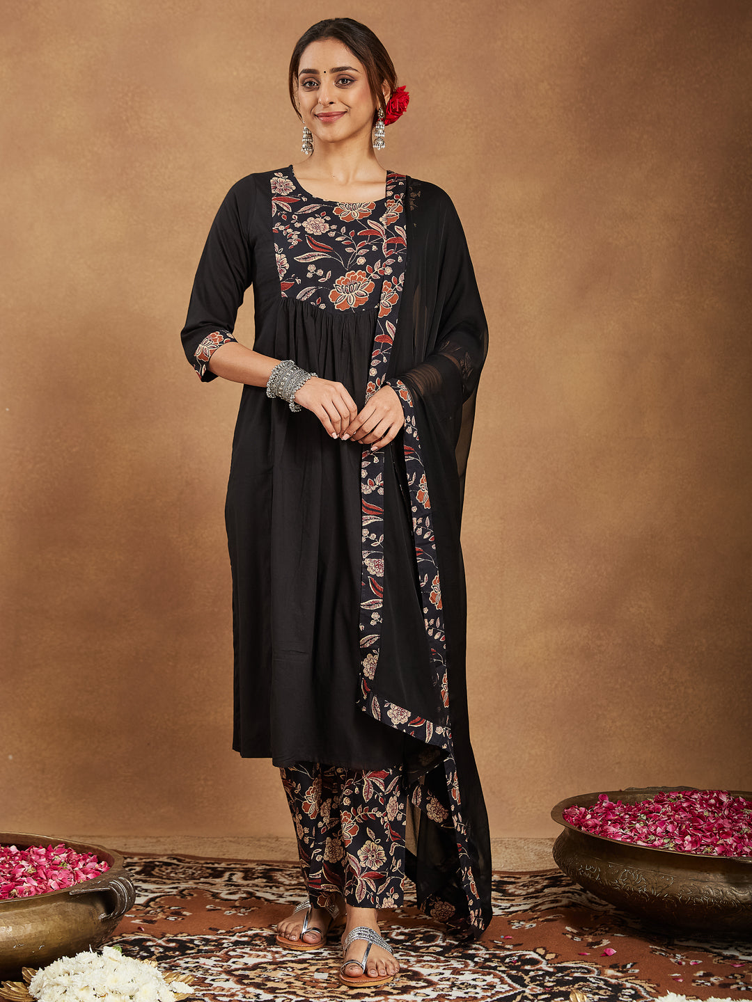 Janasya Women's Black Pure Cotton Floral Printed A-line Kurta With Palazzo & Dupatta Set - qivii