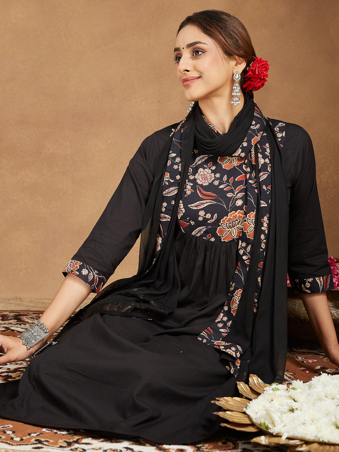 Janasya Women's Black Pure Cotton Floral Printed A-line Kurta With Palazzo & Dupatta Set - qivii