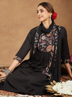 Janasya Women's Black Pure Cotton Floral Printed A-line Kurta With Palazzo & Dupatta Set