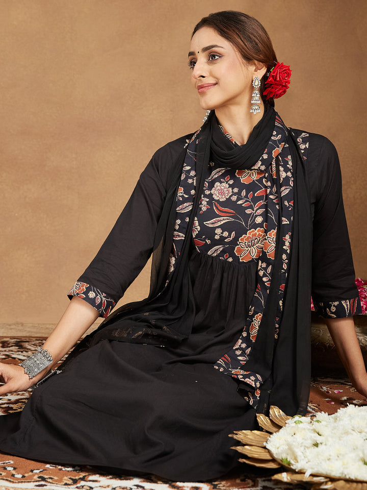 Janasya Women's Black Pure Cotton Floral Printed A-line Kurta With Palazzo & Dupatta Set - qivii