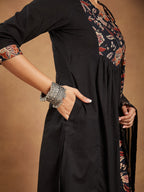 Janasya Women's Black Pure Cotton Floral Printed A-line Kurta With Palazzo & Dupatta Set
