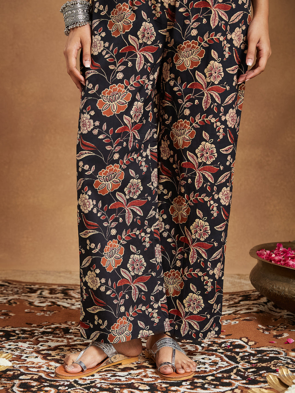 Janasya Women's Black Pure Cotton Floral Printed A-line Kurta With Palazzo & Dupatta Set