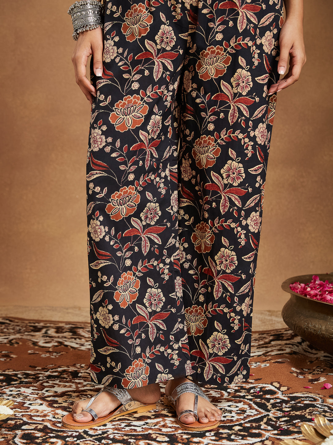 Janasya Women's Black Pure Cotton Floral Printed A-line Kurta With Palazzo & Dupatta Set - qivii