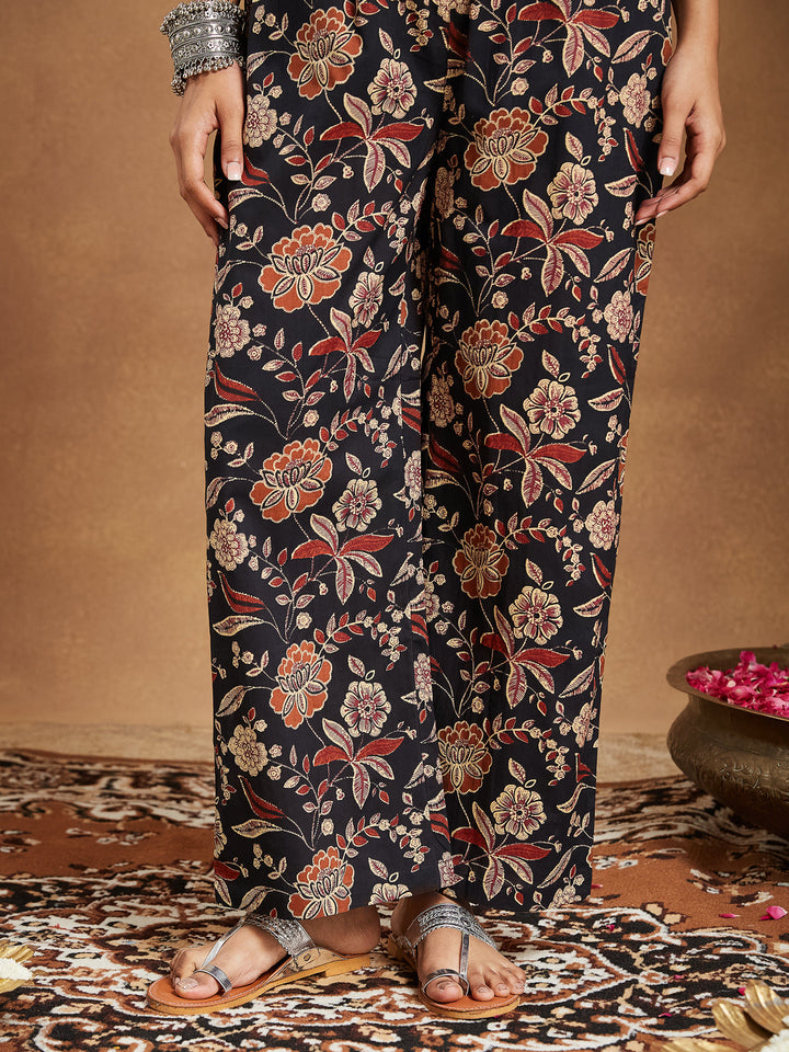 Janasya Women's Black Pure Cotton Floral Printed A-line Kurta With Palazzo & Dupatta Set - qivii
