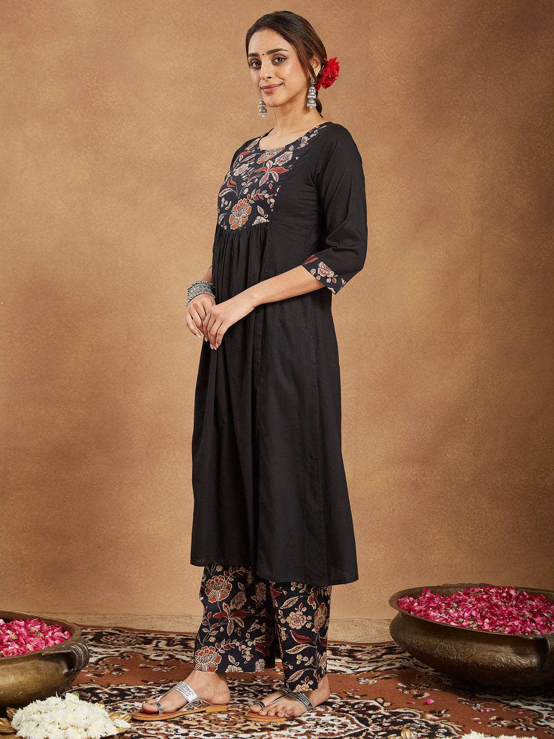 Janasya Women's Black Pure Cotton Floral Printed A-line Kurta With Palazzo & Dupatta Set - qivii