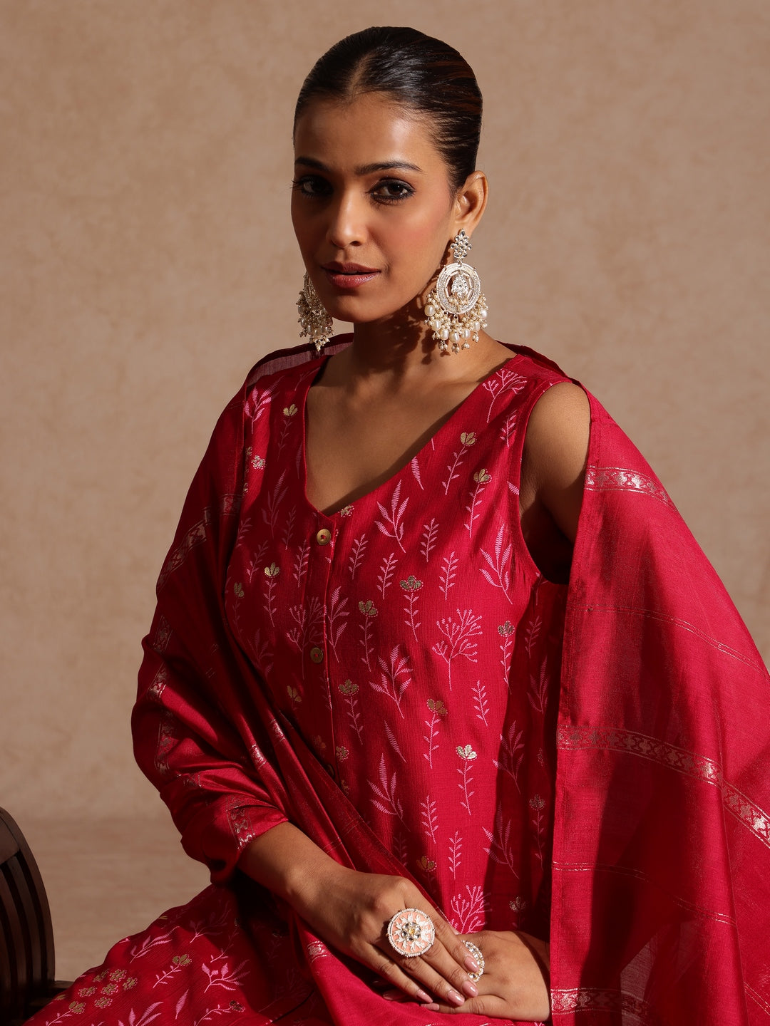 Janasya Women's Pink Silk Blend Gold Printed Straight Kurta Set