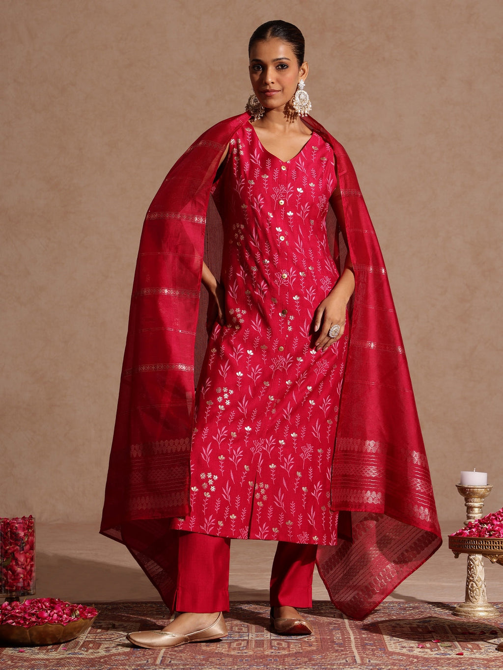 Janasya Women's Pink Silk Blend Gold Printed Straight Kurta Set