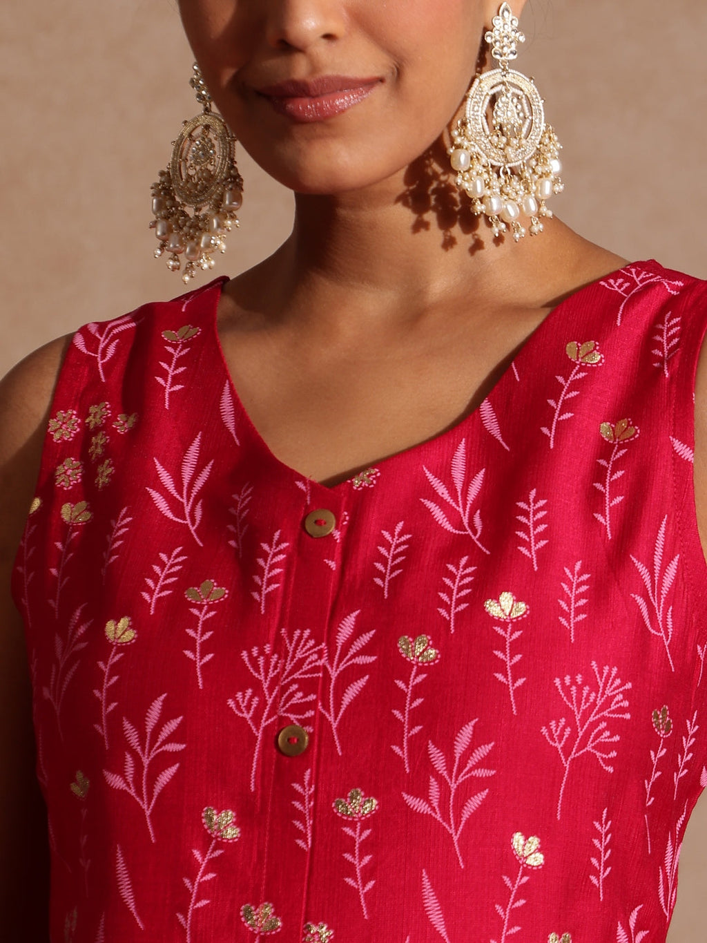 Janasya Women's Pink Silk Blend Gold Printed Straight Kurta Set