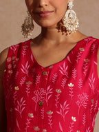 Janasya Women's Pink Silk Blend Gold Printed Straight Kurta Set