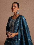 Janasya Women's Teal Blue Silk Blend Embellished Gold Foil Printed Straight Kurta Set