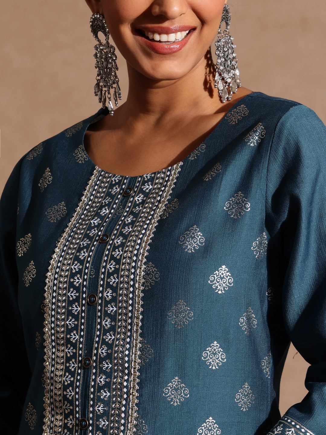 Janasya Women's Teal Blue Silk Blend Embellished Gold Foil Printed Straight Kurta Set - qivii