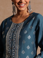 Janasya Women's Teal Blue Silk Blend Embellished Gold Foil Printed Straight Kurta Set