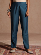 Janasya Women's Teal Blue Silk Blend Embellished Gold Foil Printed Straight Kurta Set