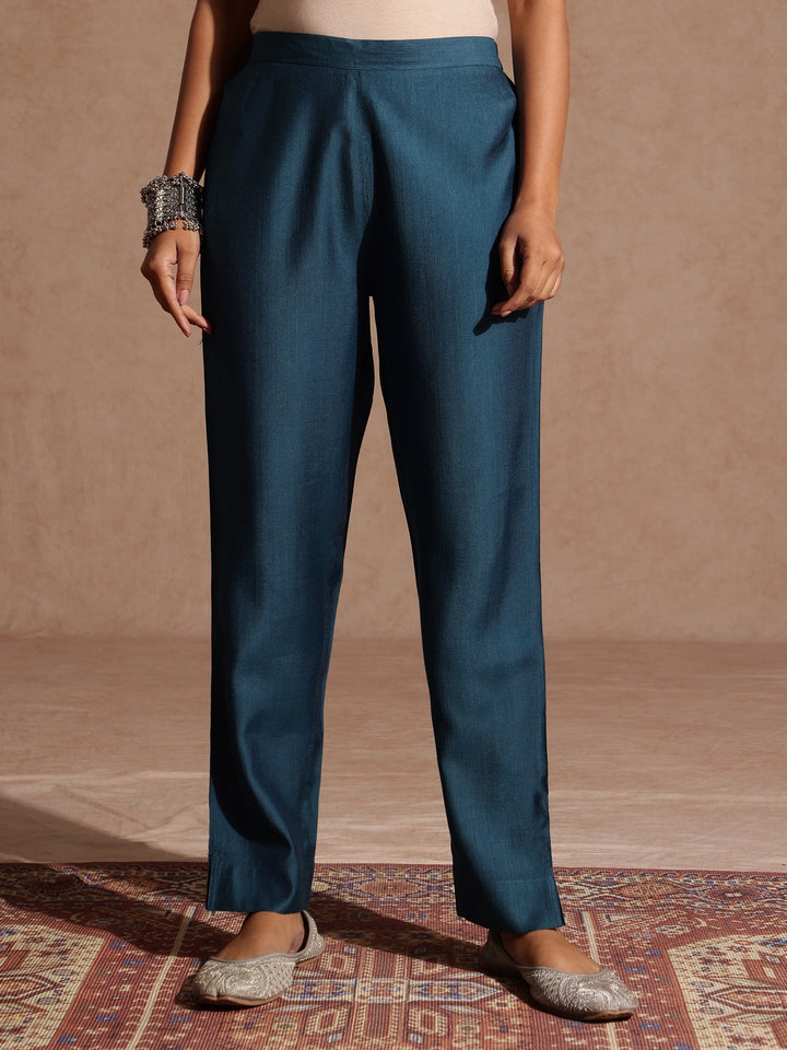 Janasya Women's Teal Blue Silk Blend Embellished Gold Foil Printed Straight Kurta Set - qivii