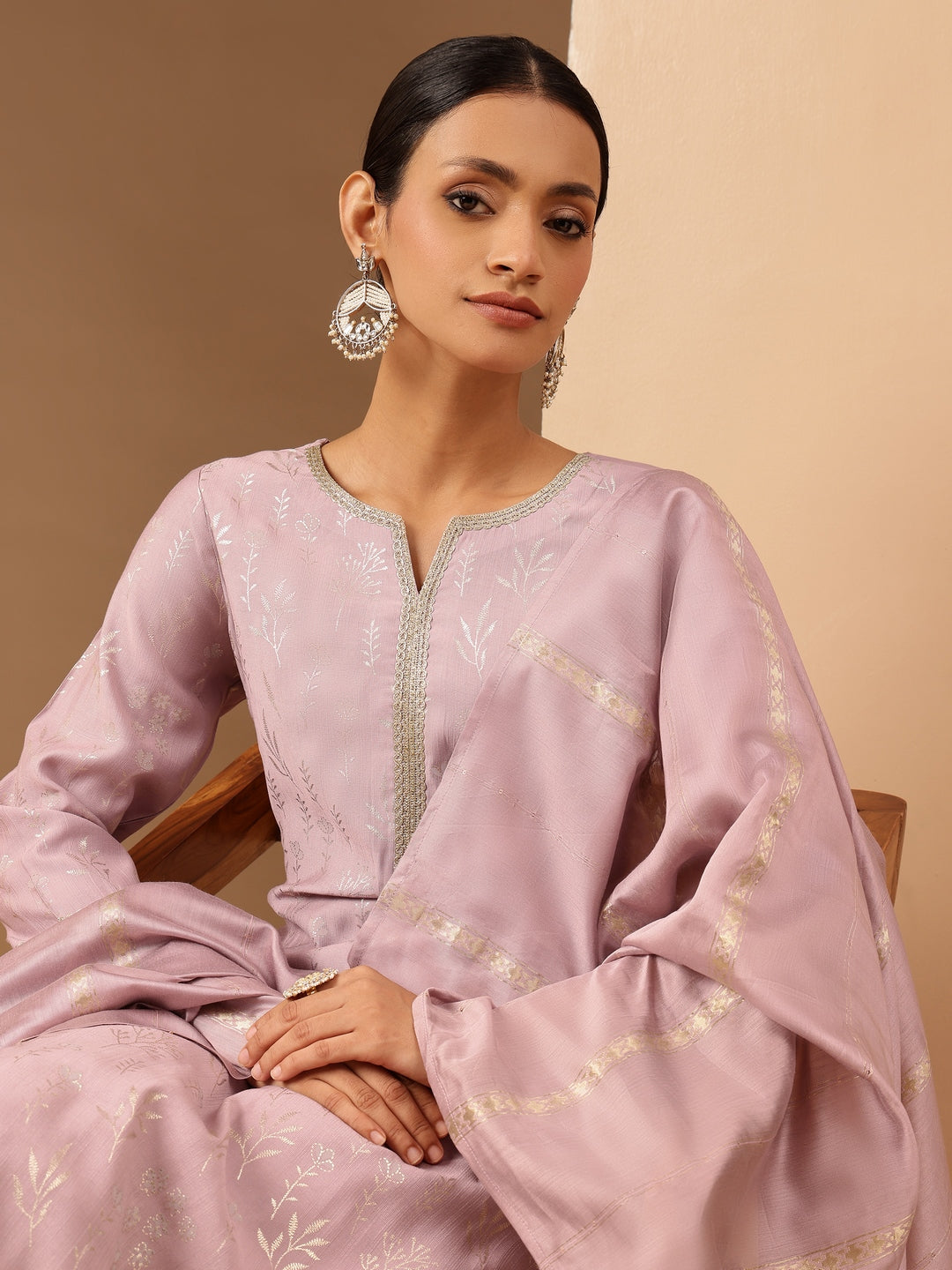 Janasya Women's Lavender Silk Blend Embellished Gold Printed Straight Kurta Set - qivii