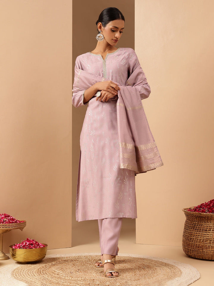 Janasya Women's Lavender Silk Blend Embellished Gold Printed Straight Kurta Set - qivii