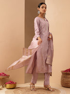 Janasya Women's Lavender Silk Blend Embellished Gold Printed Straight Kurta Set