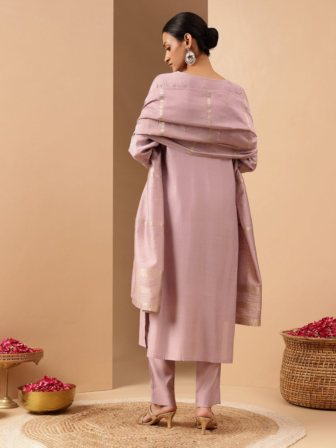 Janasya Women's Lavender Silk Blend Embellished Gold Printed Straight Kurta Set - qivii