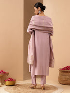 Janasya Women's Lavender Silk Blend Embellished Gold Printed Straight Kurta Set