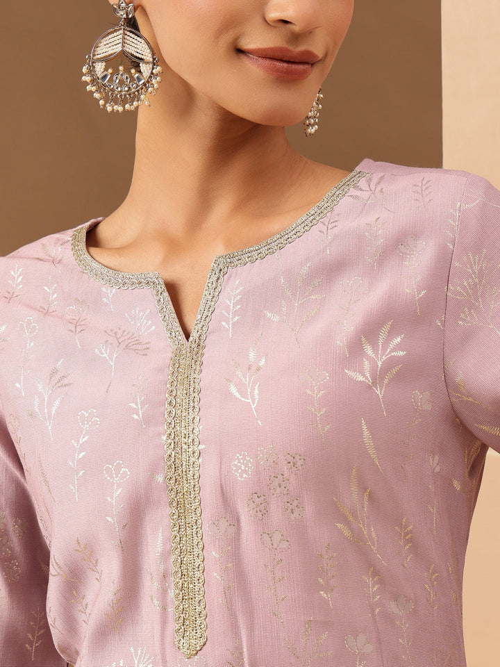 Janasya Women's Lavender Silk Blend Embellished Gold Printed Straight Kurta Set - qivii