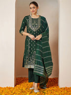 Janasya Women's Bottle Green Silk Blend Foil Printed Straight Kurta Set