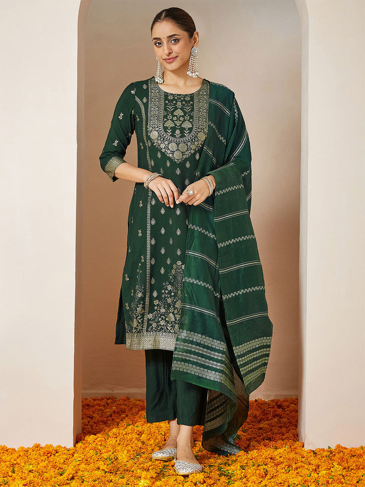 Janasya Women's Bottle Green Silk Blend Foil Printed Straight Kurta Set - qivii