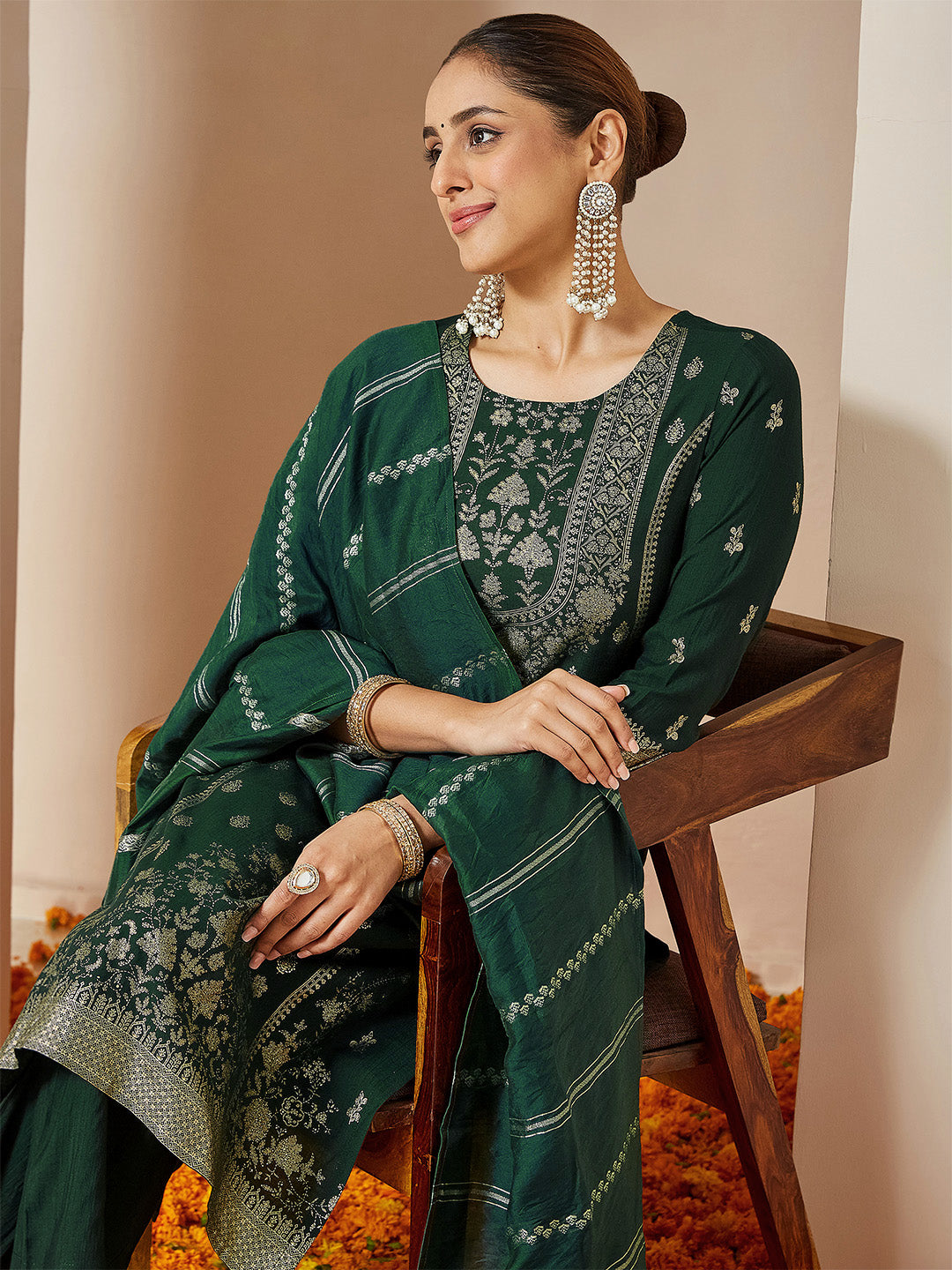 Janasya Women's Bottle Green Silk Blend Foil Printed Straight Kurta Set - qivii