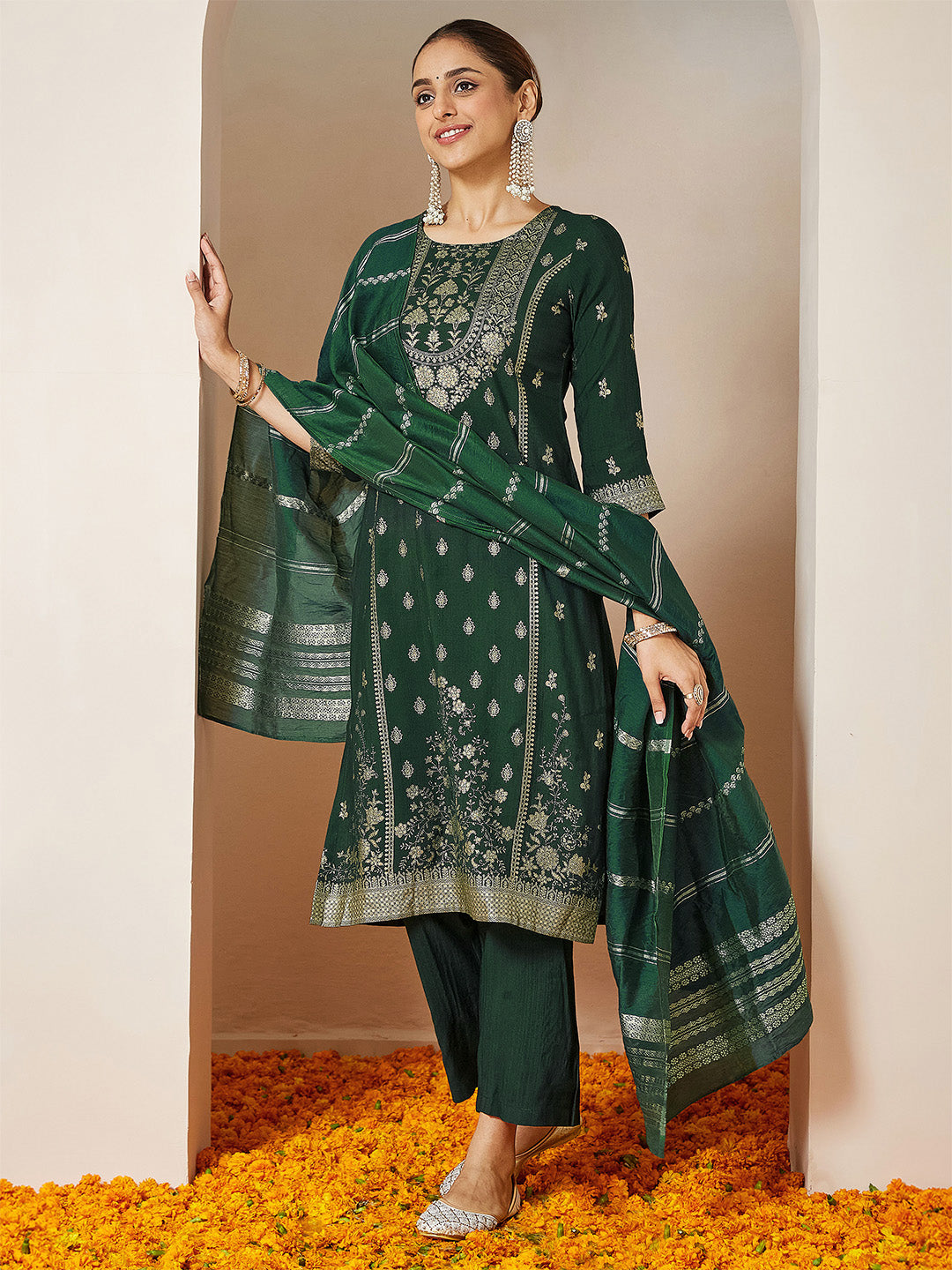 Janasya Women's Bottle Green Silk Blend Foil Printed Straight Kurta Set - qivii