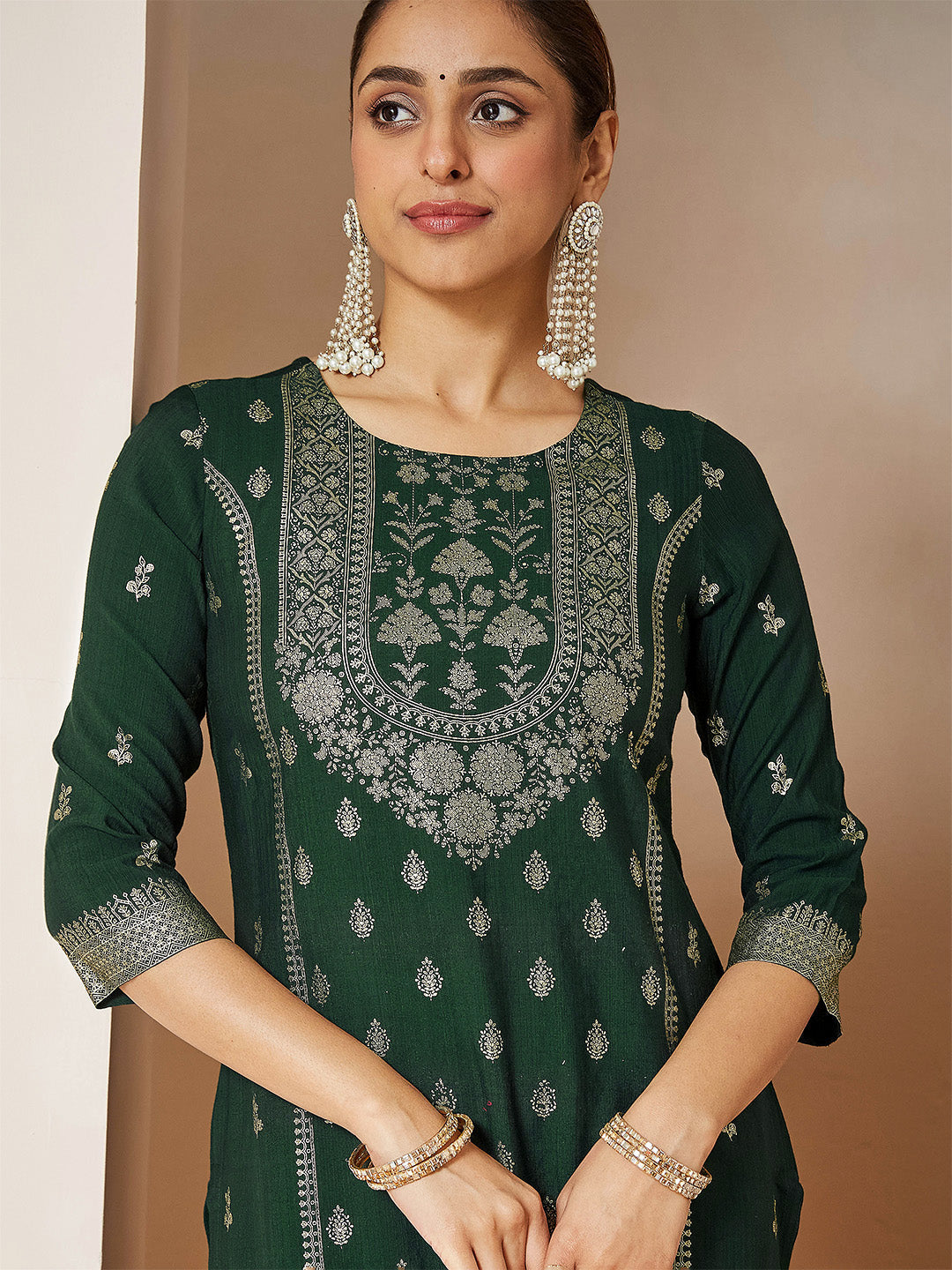 Janasya Women's Bottle Green Silk Blend Foil Printed Straight Kurta Set - qivii