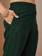 Janasya Women's Bottle Green Silk Blend Foil Printed Straight Kurta Set