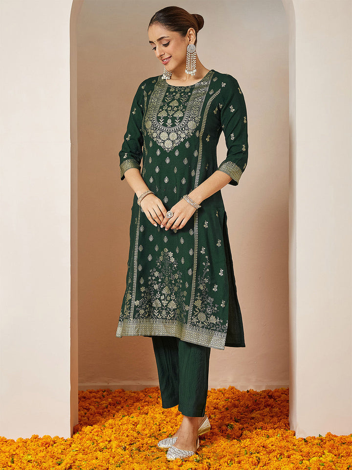 Janasya Women's Bottle Green Silk Blend Foil Printed Straight Kurta Set - qivii
